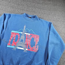 Vintage France Eiffel Tower Sweatshirt 90s Made In USA Blue Size XL