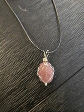 Handmade Natural Rose Quartz Silver Wire Wrapped Stone Pendant Necklace Pink