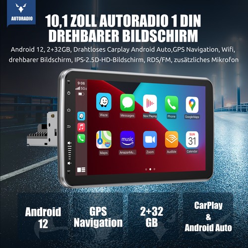 Autoradio Mit Bildschirm Navigation Android 13 1 DIN RDS Drehbarer 10.1'' +KAM - Bild 2 von 15