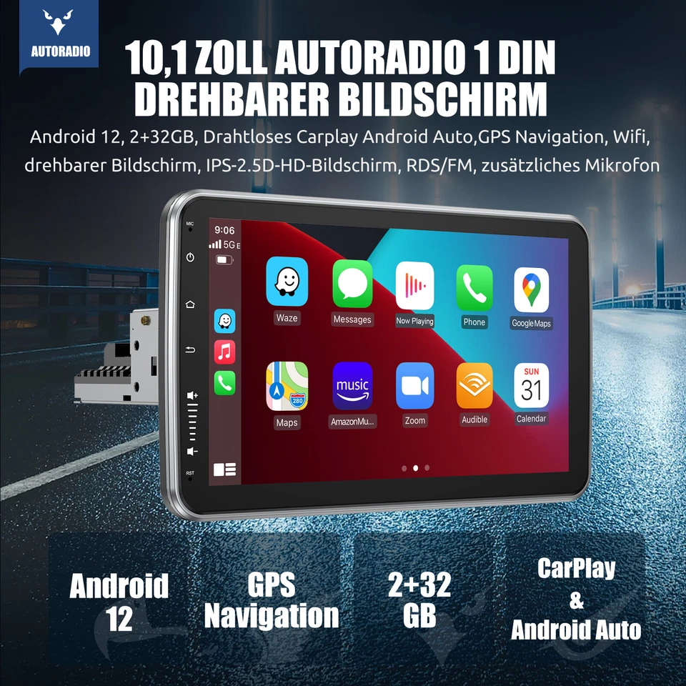 Autoradio Mit Bildschirm Navigation Android 13 1 DIN RDS Drehbarer 10.1'' +KAM - Bild 2 von 4