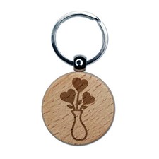 Vase of Heart Flowers Valentine's Day Engraved Wood Round Keychain Tag Charm