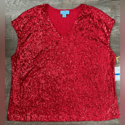 CeCe Sequined V-Neck Cap-Sleeve Red Blouse-Size XL