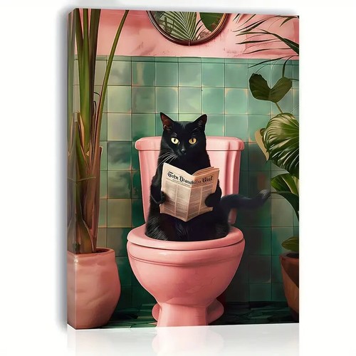 Black Cat Reading Newspaper on Toilet, Wall Art  Canvas Unframed/Framed - Foto 1 di 7