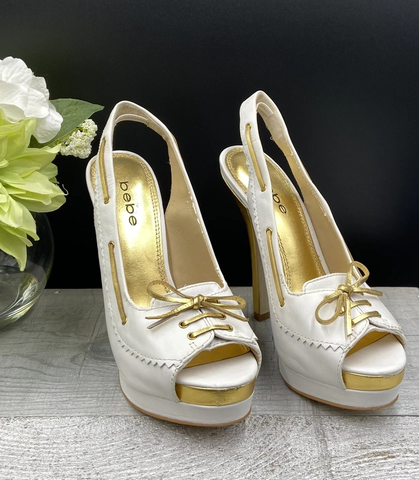 Talla Tacones de aguja 8M Bebe LITA dorados blancos con tira trasera punta abierta Foto 2 de 4