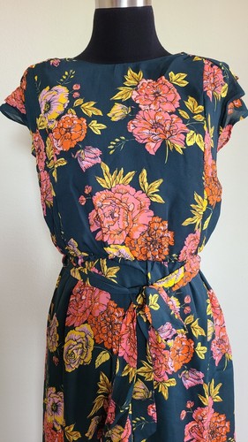 Chiffon D. Olive Green Red Floral Print Round Neck shorts sleeve Maxi dress NEW - Picture 3 of 7