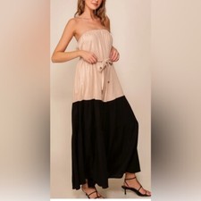 NWT Lumiere Strapless Linen Blend Column Maxi Dress, Colorblock Tan & Black - L