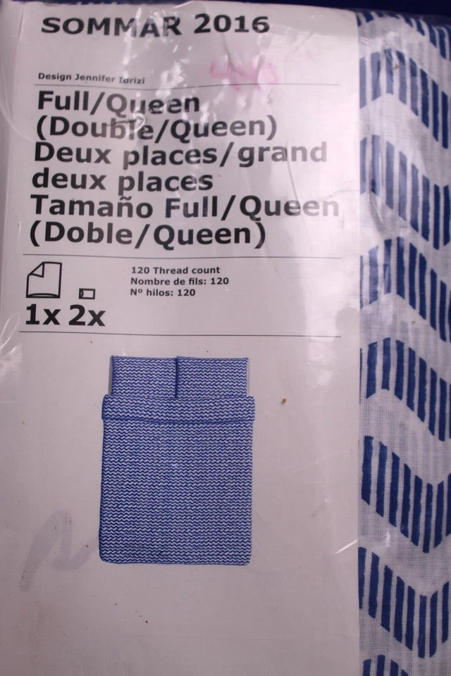 IKEA SOMMAR 2016 JUEGO DE EDREDÓN COMPLETO/QUEEN medio azul blanco rayas chevron NUEVO Foto 2 de 4