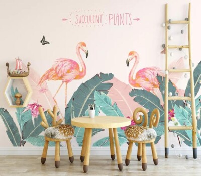 3D Flamingo Leaves G9341 Wallpaper Wall Murals Removable Self-adhesive Honey