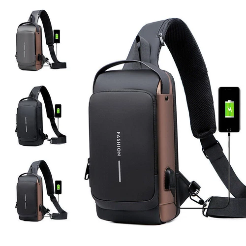 Men's Sling Backpack Waterproof Anti-theft Shoulder Crossbody Chest Bag USB Port