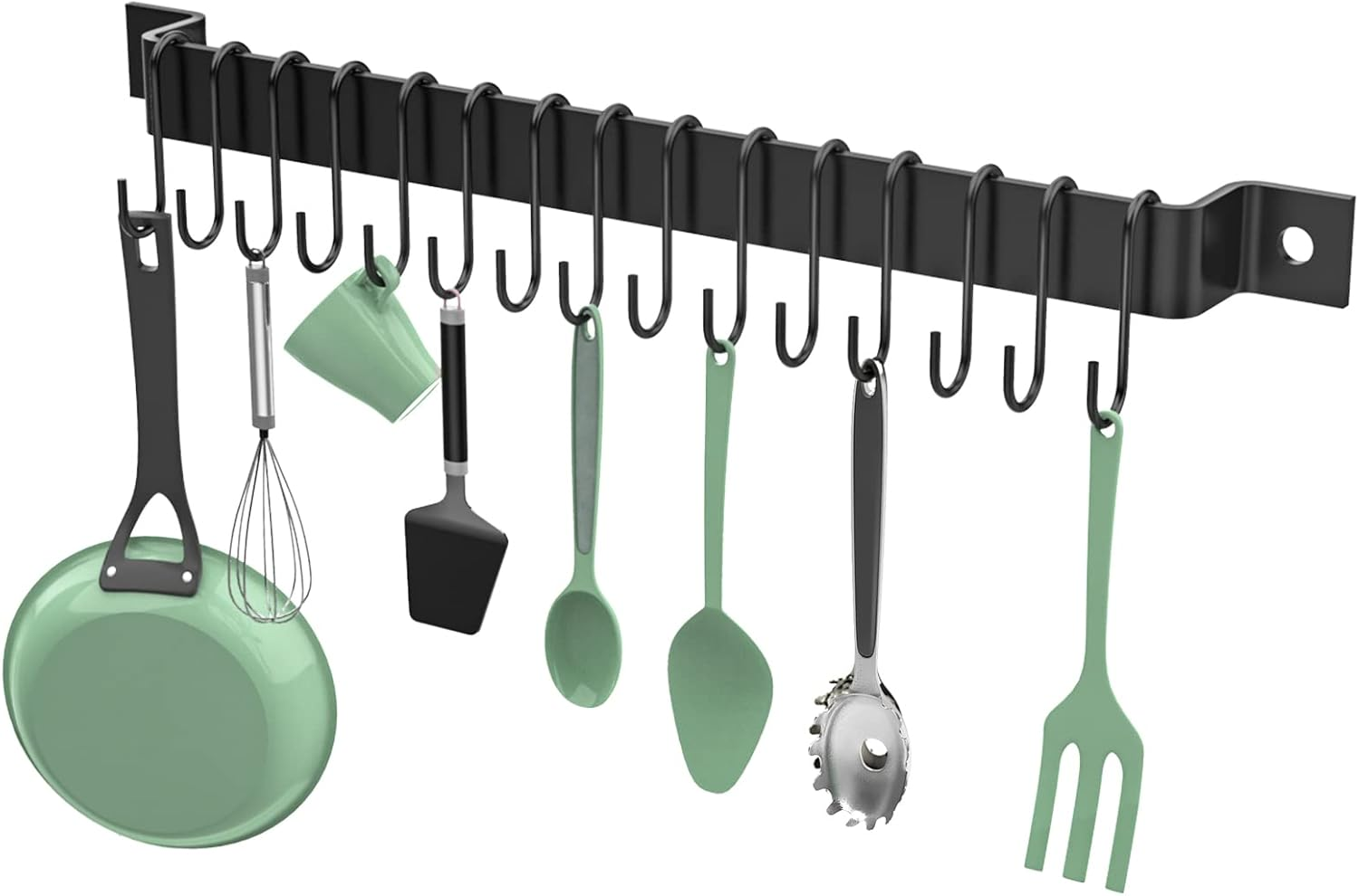 Kitchen Rail with 15 Hooks, 16 Inch Wall Mounted Hanging Utensil Rack Kitchen Ut