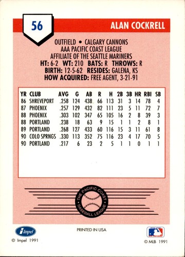 Alan Cockrell #56 1991 Line Drive AAA - Picture 2 of 2