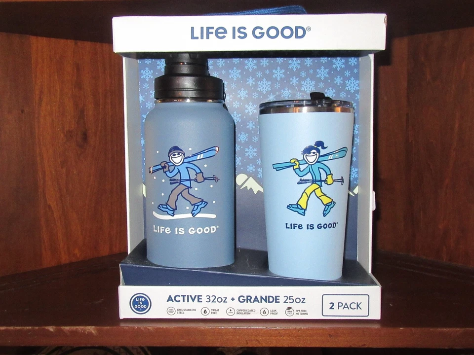 LIFE IS GOOD 32&25 OZ BOTELLA/TUMB JUEGO EN CAJA DE ACERO INOXIDABLE..."SKI JAKE/JACKIE" Foto 2 de 4