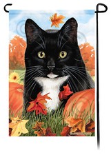Falling Leaves Garden Flag - Black and White Tuxedo Cat