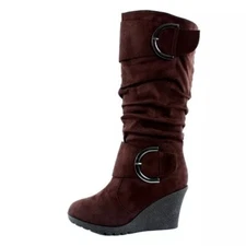 Top Moda Pure-2 Women's Large Buckles Slouch Below Knee Wedge Heel Boots Size10