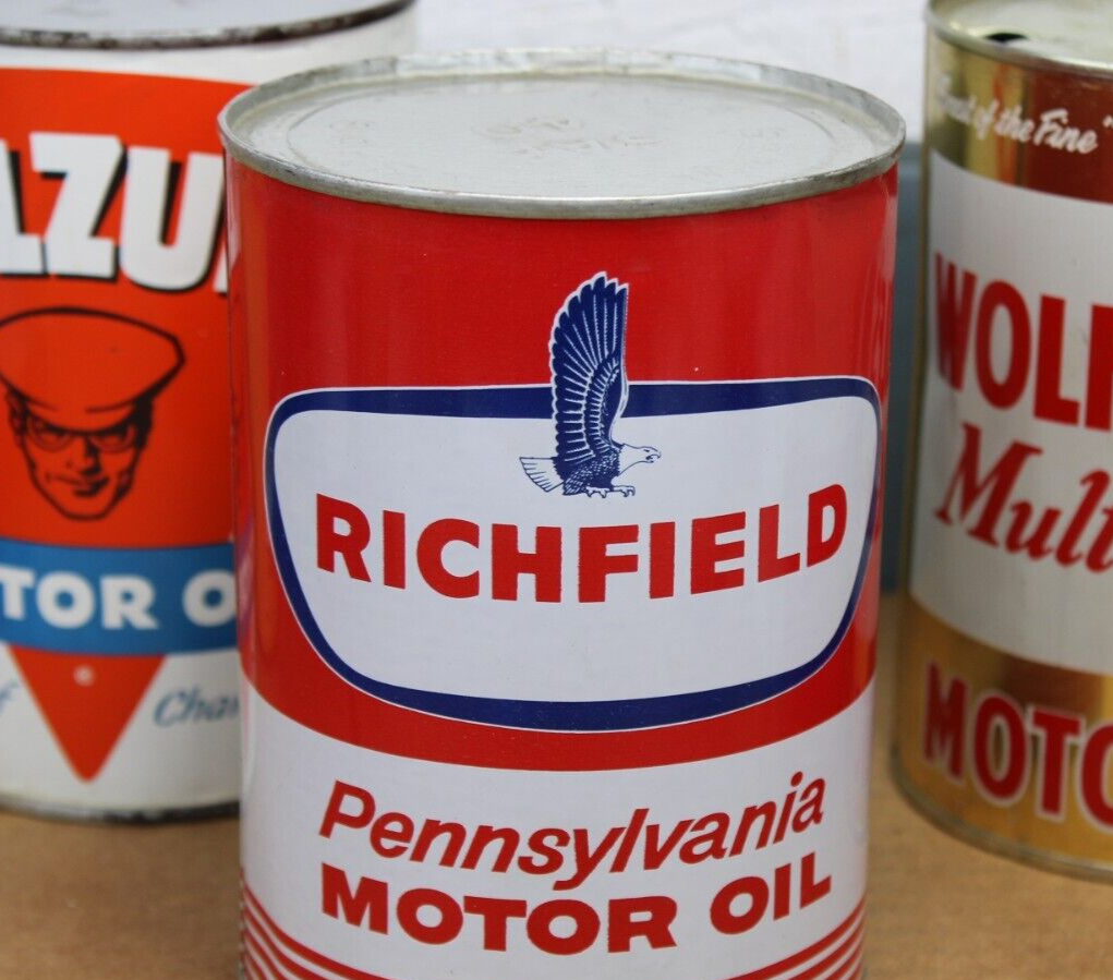 GREAT SHAPE 1950s era RICHFIELD PENNSYLVANIA MOTOR OPIL Old 1 qt. Tin