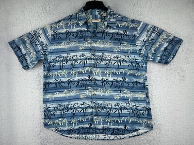 SUMMA Shirt Men Extra Large Blue Palm Tree Silk Blend Short Sleeve Camp Hawaiian