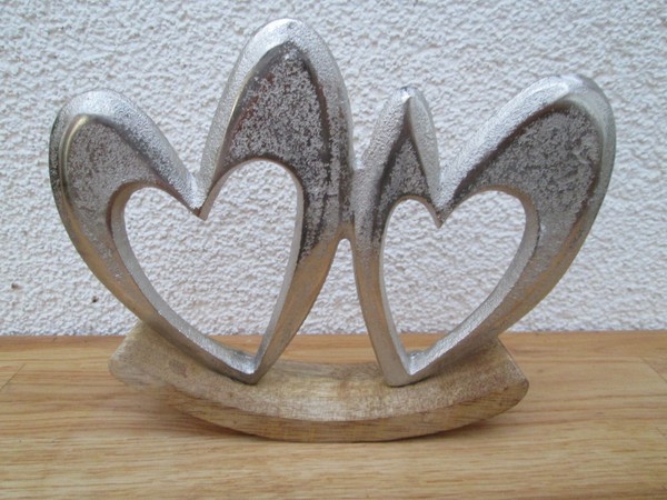 Aufsteller Schaukel Herz Auf Mangoholz Sockel Aus Metall Silber Klein-image