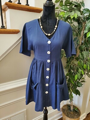 Shein Women Solid Blue 100% Cotton V-Neck Short Sleeve Knee Length Dress  Size M | eBay