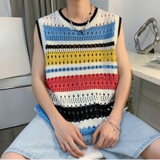 Men Knitted Vest Waistcoat Sweater Jumper Striped Hollow Out Pullover Casual