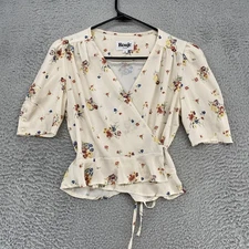 Rouje Paris Wrap Top Womens 34/2/XS Cream Floral Peplum Tie Waist Cottagecore