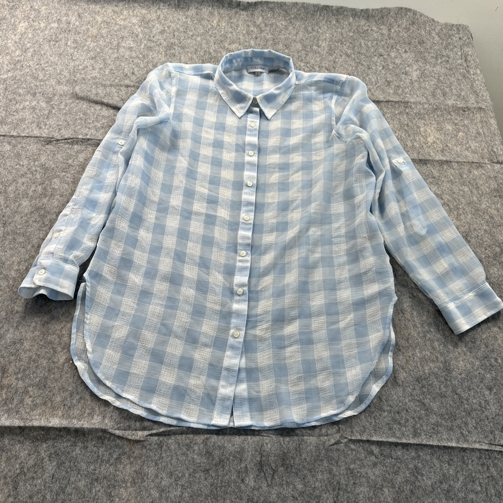 Calvin Klein Women's Sz L Sheer Pink Blue Checker Long Sleeve Blouse Lot of 2 thumbnail 4