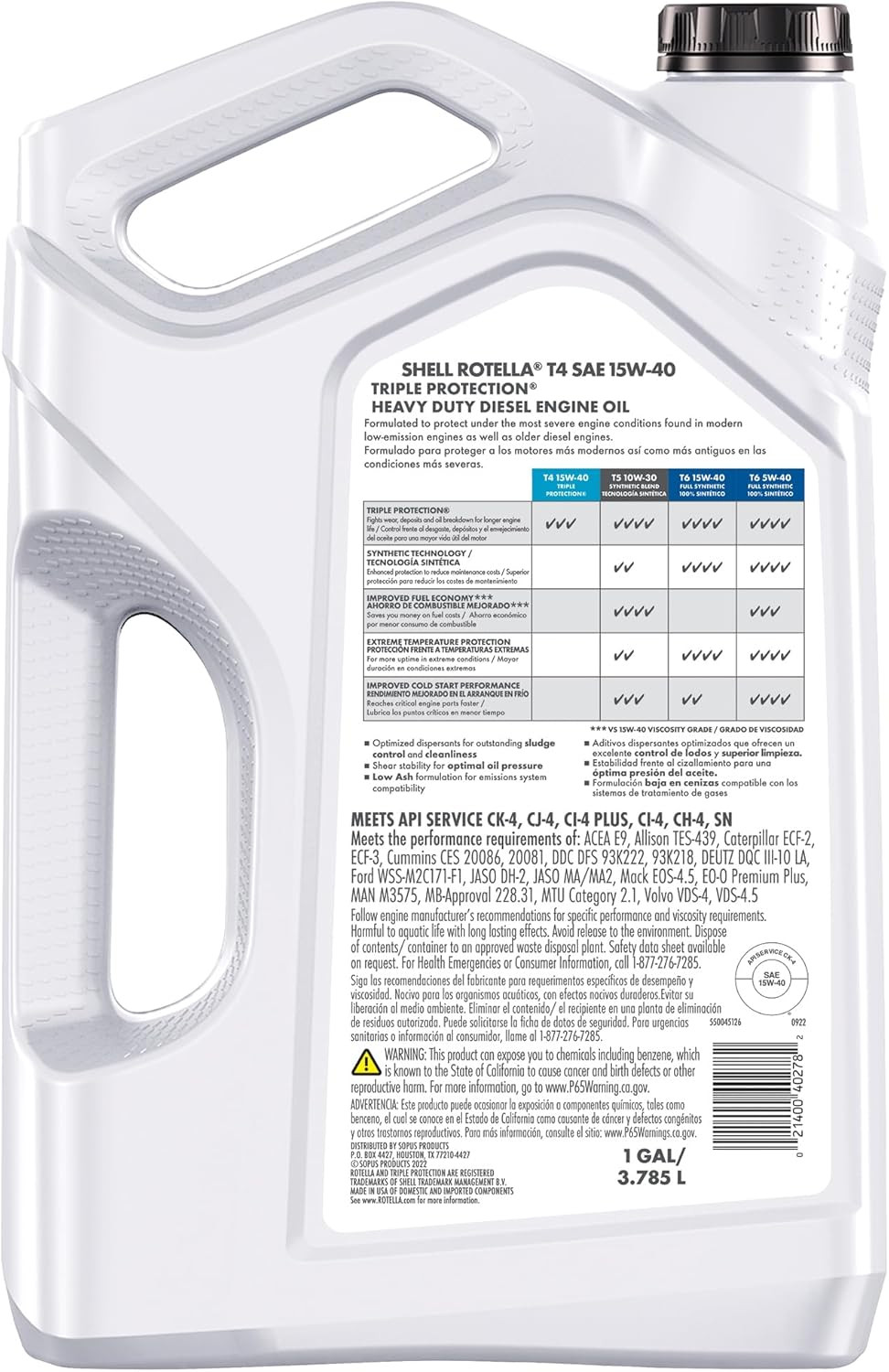 Shell Rotella T4 Triple Protection 15W-40 Motor Oil, 1 Gallon (3 Pack)