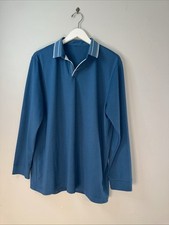 Mens Long Sleeve Polo Shirt Blue with Striped Collar Size XL