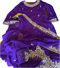 Indian Pakistani Traditional Purple/ Gold Embroidery Dress with Matching Shawl