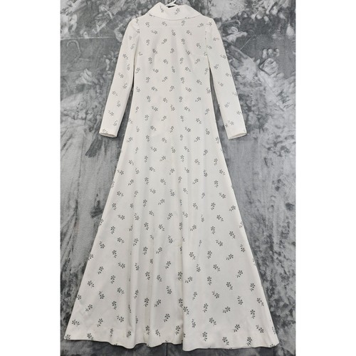 Vintage Floral Long Sleeve Scarf Neck Maxi Dress Size S White Black Gown Bridal