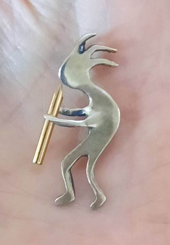 Kokopelli Sterling Fertility Player W/Gold Tone Flute Pendant Drop + Free Ship  