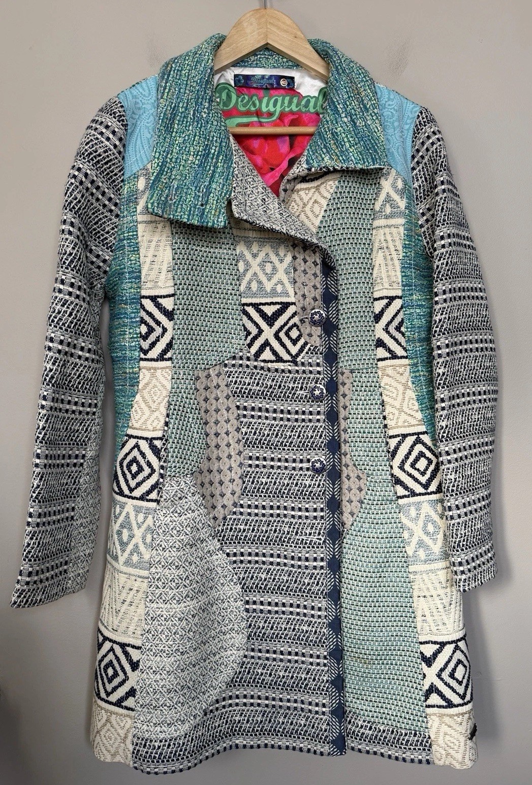 Desigual Patchwork Coat Mixed Media Jacquard Blue… - image 1