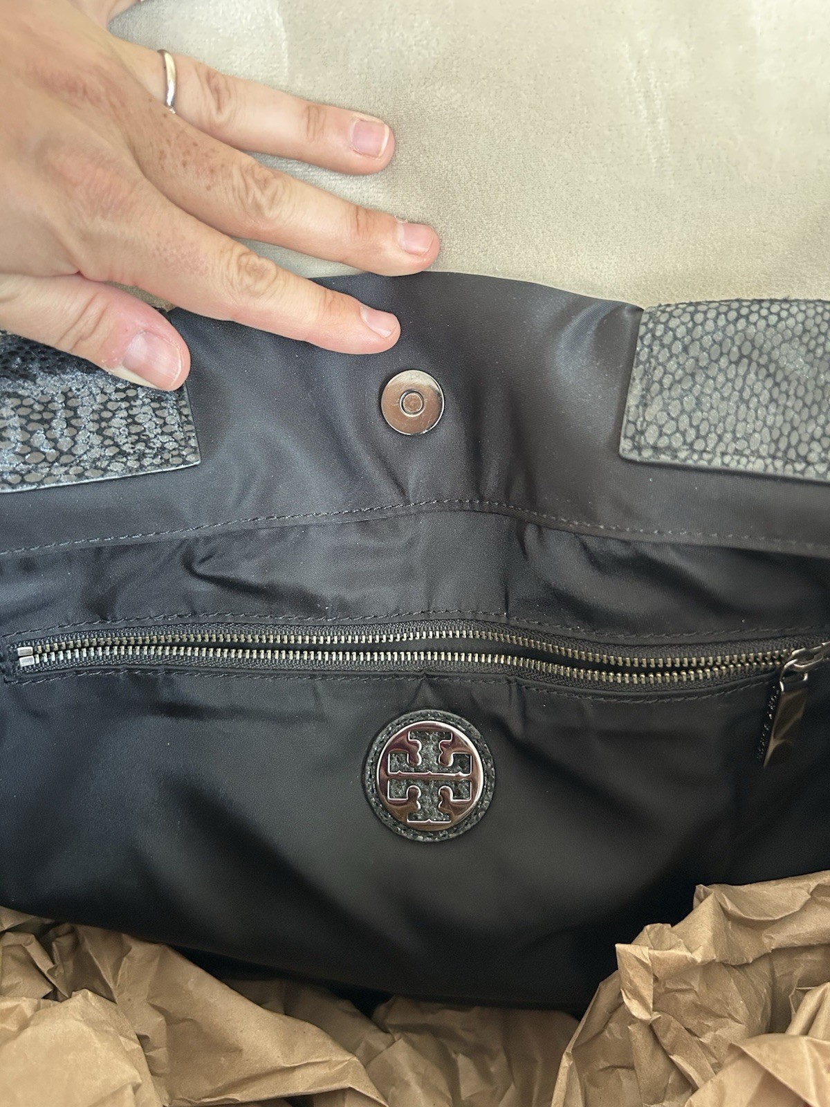 EUC Tory Burch Black Nylon and Python Embossed La… - image 6