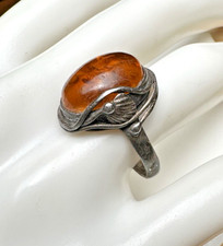 Vintage Beautiful Sterling Silver Baltic Amber Art Nouveau Style Ring Size 7