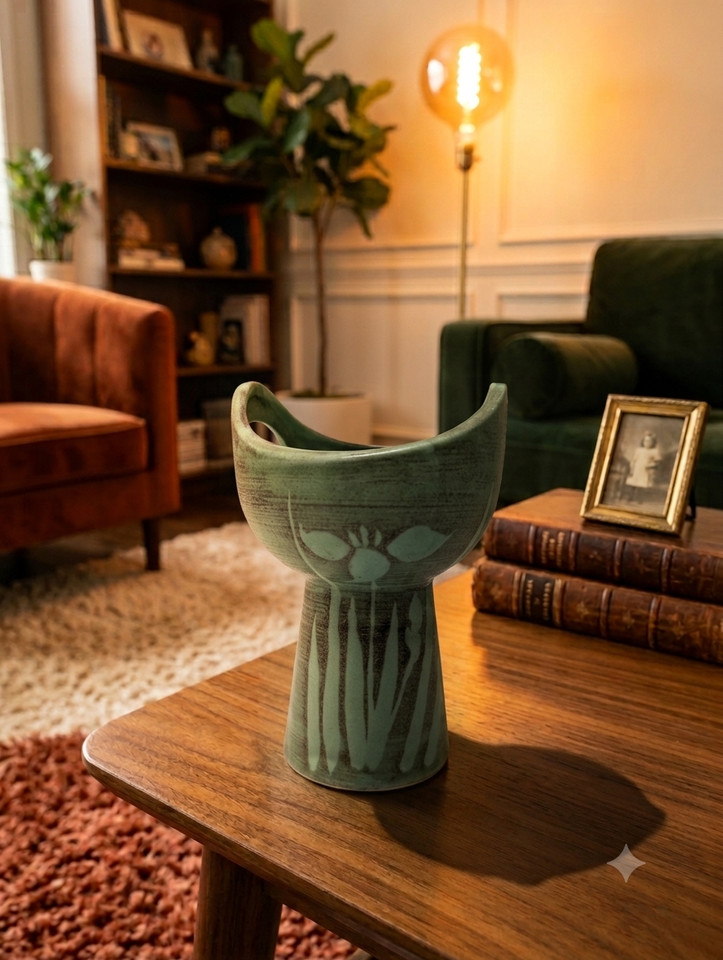 Vintage Mid-Century Modern Japanese Ikebana Vase Green Art Pottery Ceramic Vase