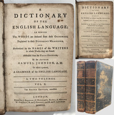 1760 Johnson DICTIONARY OF ENGLISH LANGUAGE 2 Vols Grammar Words Meanings