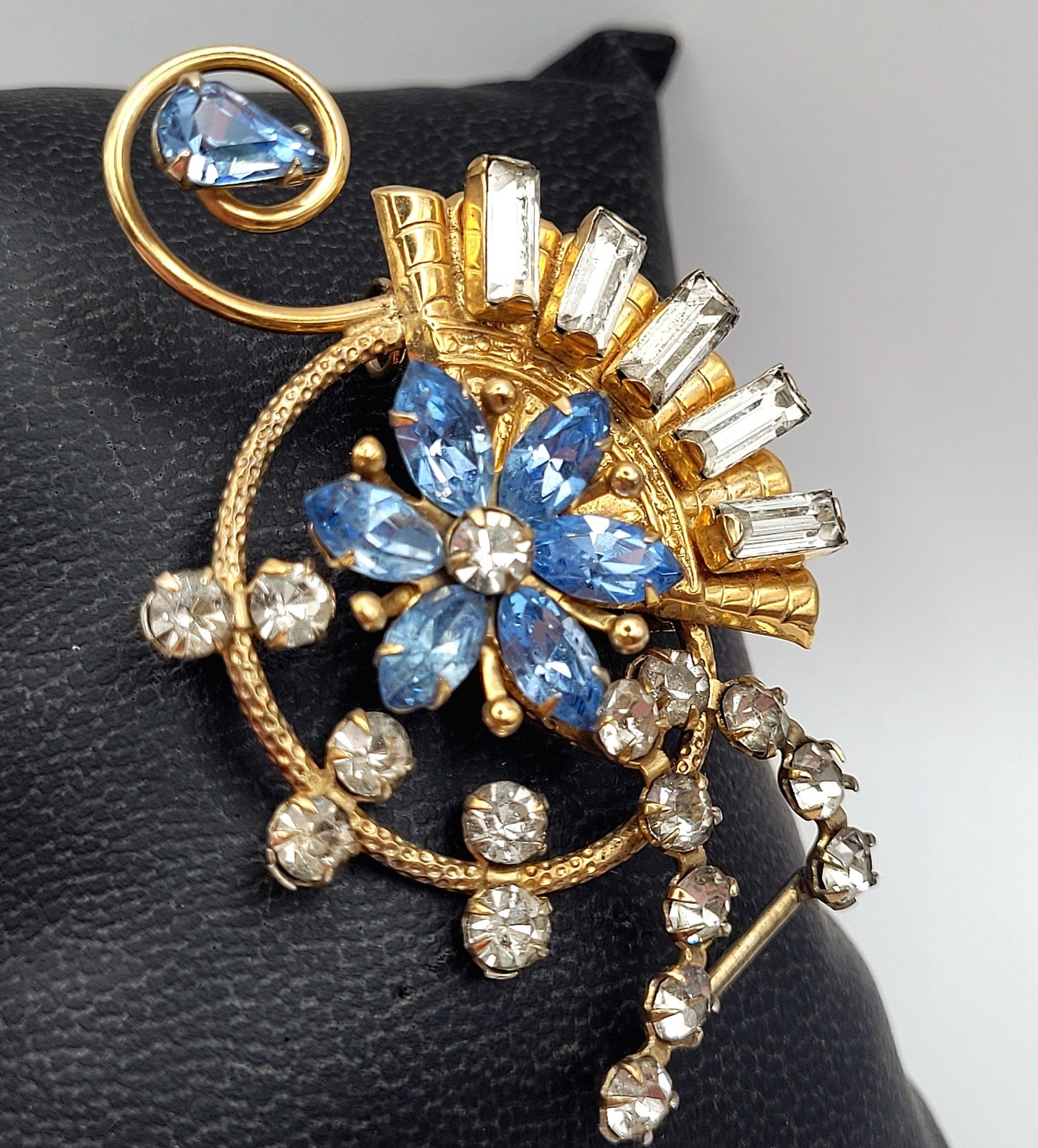 Vintage Blue Rhinestone Brooch Earrings Set Floral 12K Gold Filled Signed Amco