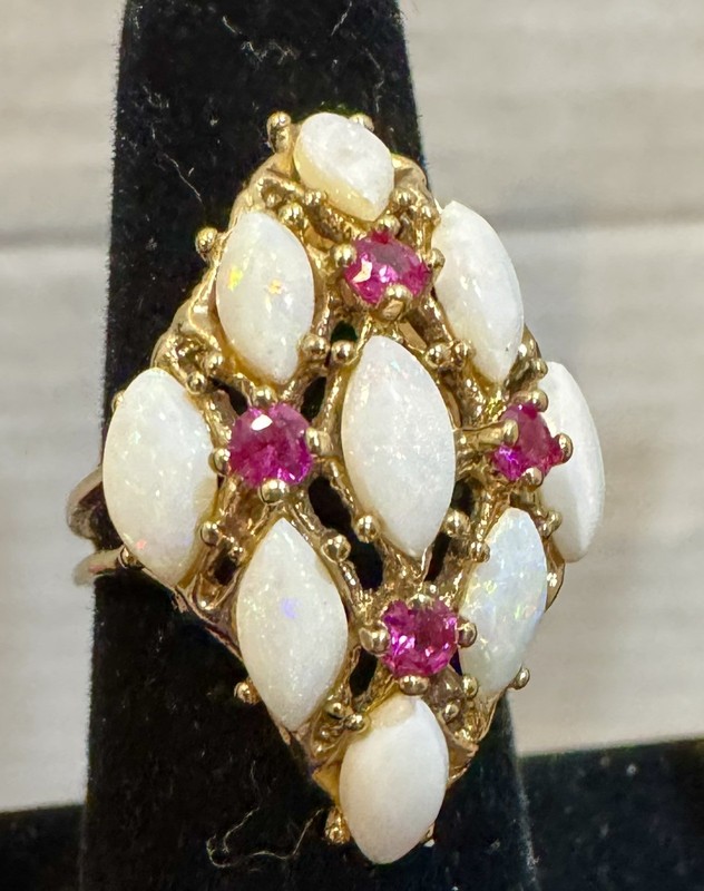 Vintage 18k HGE Gold Electroplate Opal & Ruby Cocktail Cluster Ring Size 8