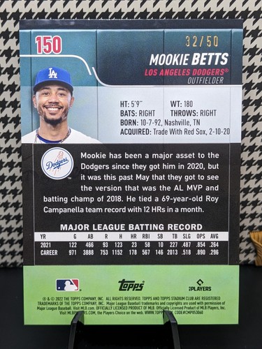 Mookie Betts /50 Dodgers 2022 Topps Stadium Club BLUE COLOR MATCH #150⚾🧢📈⚾🧢📈 - Foto 2 di 2