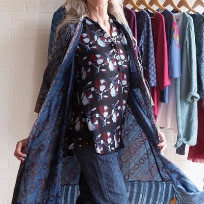 April Cornell Indigo Night Stamped Floral Popover Blouse Shirt Top Womens Small