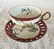 Teacup and Saucer Hand Painted Gold Trim Japanese Rare Unmarked