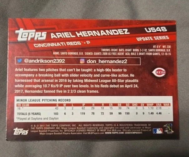 2017 Topps Mini - Update Series Ariel Hernandez #US48 (RC) - Image 2 of 2