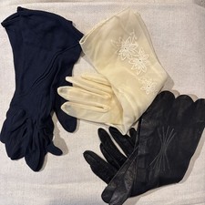 Ladies Vintage Gloves Lot Of 3, Ivory Floral Detail, Blue  Kidskin Sz8, 1914