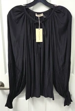 Ramy Brook Jordie Tie Front Pleated Long Sleeve Blouse Black Size L NWT NEW $395