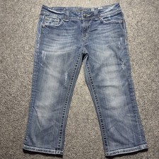 Miss Me Capri Blue Denim Rhinestone Distress Stretch Women Sz 30 Mid Rise Jeans