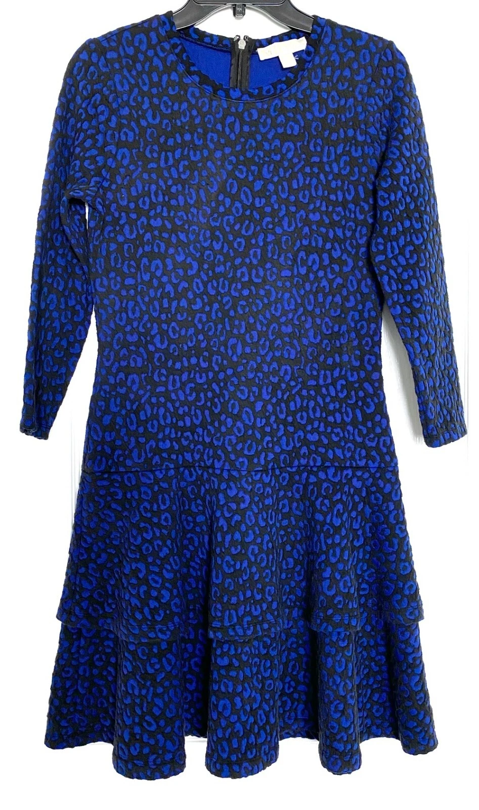 Abito MICHAEL KORS blu nero leopardato jacquard maglia a strati gonna con volant S = 4 6