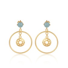 Blue Chalcedony Gemstone Gold On 925 Silver Round Ethnic Earrings Jewelry