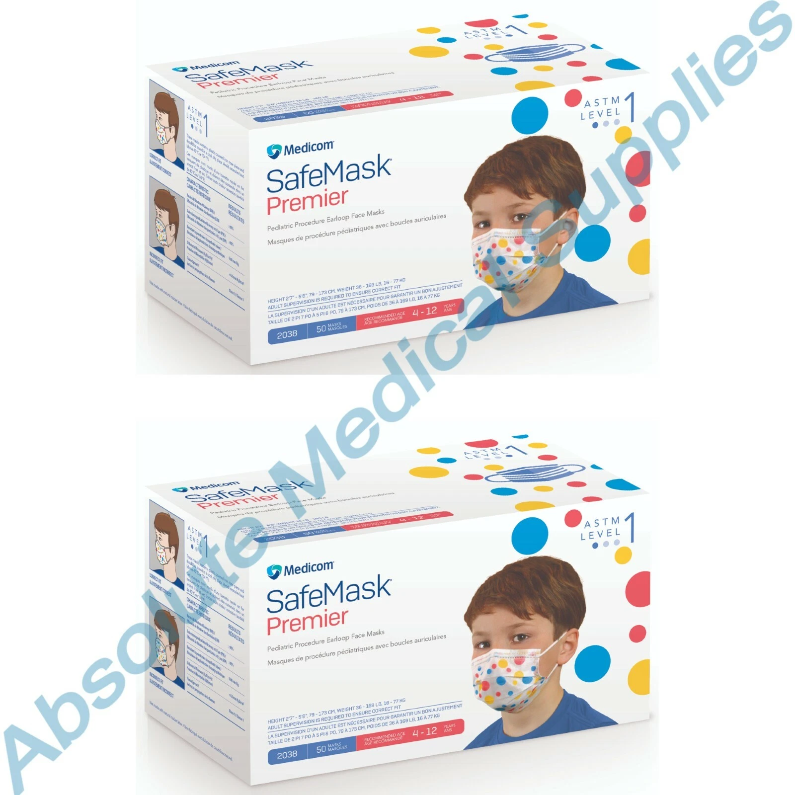 *100-Pack* Medicom SafeMask Premier Pediatric Earloop ASTMLevel 1 Face Mask 2038