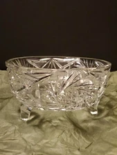 Vintage American Brilliant Cut Glass 3 Footed Bowl, Pinwheel Patterns 7.25"