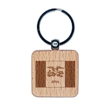 Iowa State Flag Engraved Wood Square Keychain Tag Charm