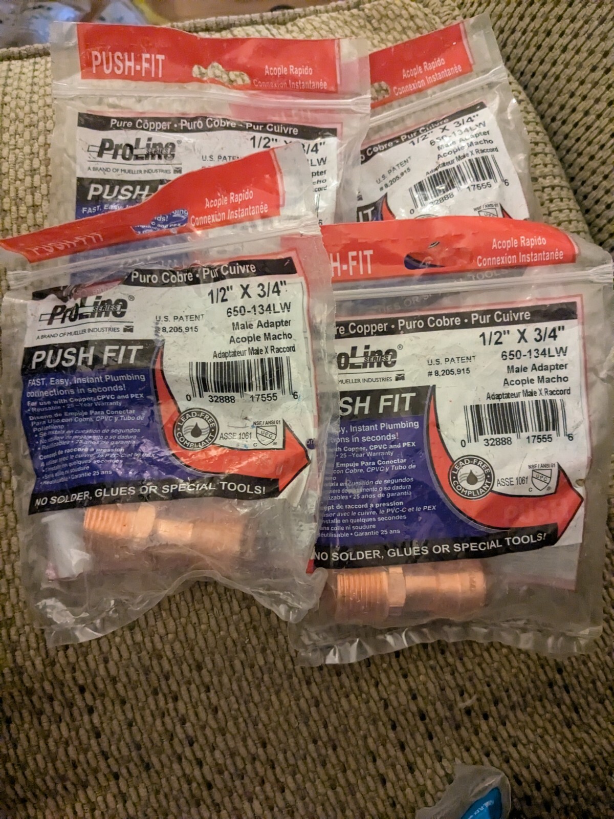 Lot of 4 Mueller ProLine Push Fit Copper Male Adapter 650-134LW 1/2 in x 3/4 in